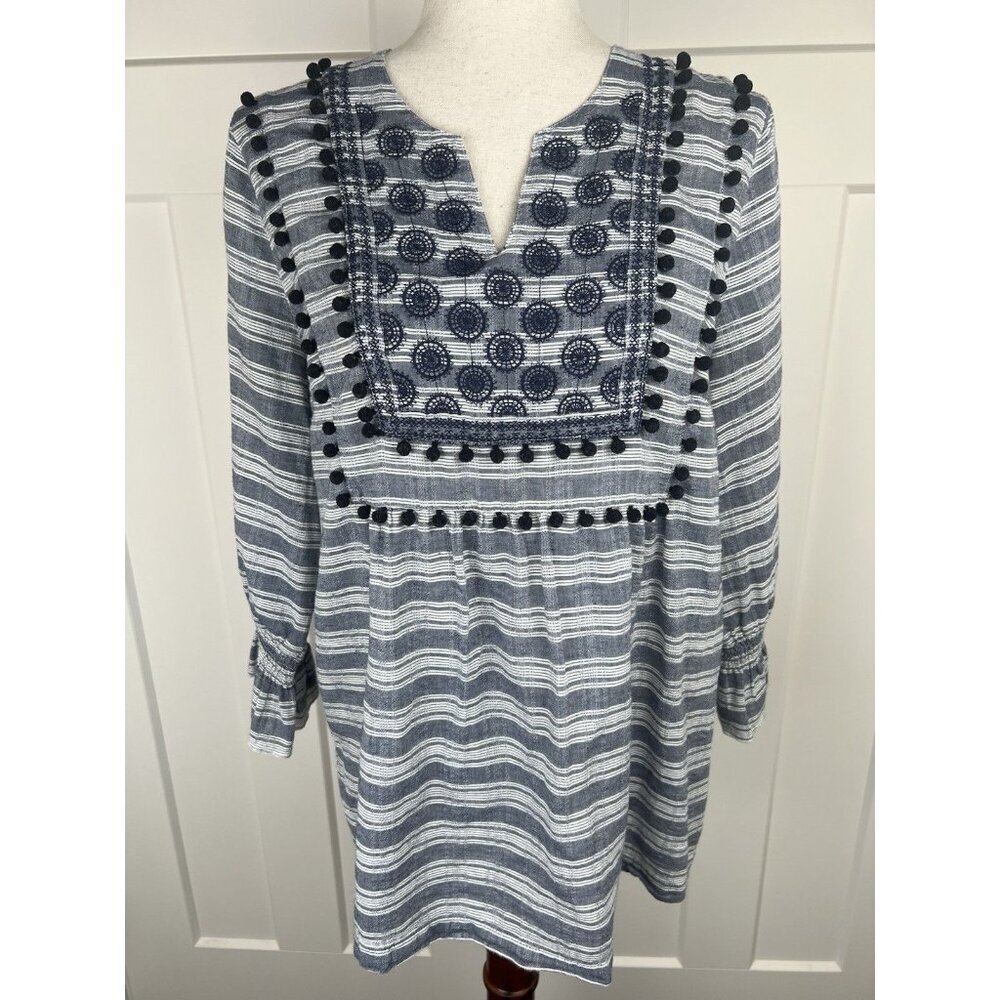John Mark Embroidered Boho Blouse M Blue Stripe Pom Pom Trim Cotton Linen Top